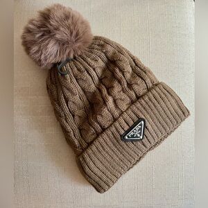 Tan knit Prada hat with removable fur ball!New